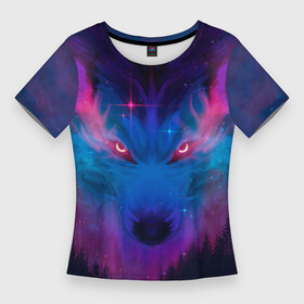 Женская футболка 3D Slim с принтом Mystical wolf ,  |  | волк | звери | лес | мистический волк | природа