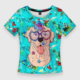 Женская футболка 3D Slim с принтом Собачка  единорог на фоне цветов ,  |  | единорог | пес | радуга | рог | собака | собачка
