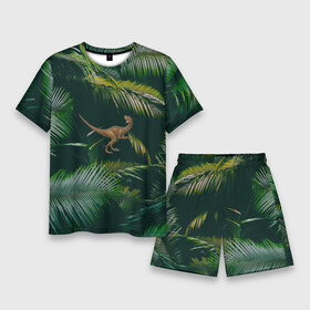 Мужской костюм с шортами 3D с принтом Динозавр в зарослях джунглей ,  |  | велоцираптор | джунгли | динозавр | животные | природа | ящер