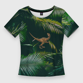 Женская футболка 3D Slim с принтом Динозавр в зарослях джунглей ,  |  | велоцираптор | джунгли | динозавр | животные | природа | ящер