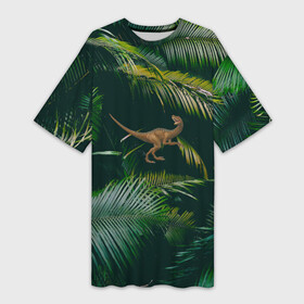 Платье-футболка 3D с принтом Динозавр в зарослях джунглей ,  |  | велоцираптор | джунгли | динозавр | животные | природа | ящер
