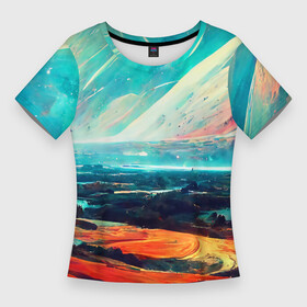 Женская футболка 3D Slim с принтом Космический ландшафт ,  |  | art | bright | landscape | mountains | multicoloured | nature | panorama | planet | sky | space | арт | горы | космос | ландшафт | небо | панорама | пейзаж | планета | природа | разноцветный | яркий