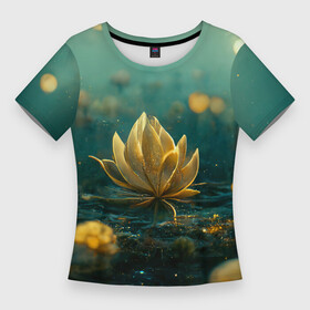 Женская футболка 3D Slim с принтом Золотой лотос ,  |  | dark | evening | flowers | golden | lake | lotus | mysterious | nature | night | petals | twinkles | water | вечер | вода | загадочный | золото | лепестки | лотос | ночь | огоньки | озеро | природа | темный | цветы