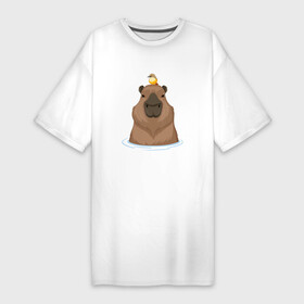 Платье-футболка хлопок с принтом Капибару с птичкой ,  |  | capybara | водосвинка | грызун | грызуны | капибара | капибары | с птичкой