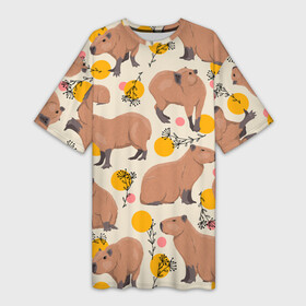 Платье-футболка 3D с принтом Милая капибару паттерн ,  |  | capybara | patern | pattern | водосвинка | грызун | грызуны | капибара | капибары | патерн | паттерн