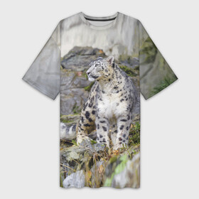 Платье-футболка 3D с принтом Снежный барс среди скал ,  |  | mountains | muzzle | nature | paws | rocks | snow leopard | tail | барс | горы | камни | лапы | природа | скалы | хвост