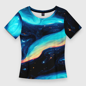 Женская футболка 3D Slim с принтом Космические просторы  Абстракция ,  |  | abstraction | art | black | blue | bright | dark | galaxy | multicoloured | neon | space | stars | universe | абстракция | арт | вселенная | галактика | звезды | космос | неоновый | разноцветный | синий | темный | черный | яркий