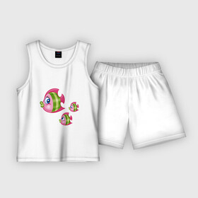 Детская пижама с шортами хлопок с принтом Три морских жителя ,  |  | вода | волна | глубины | жабры | океан | плавники | плывут | расцветка | хвост