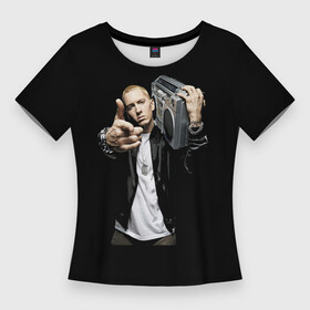 Женская футболка 3D Slim с принтом Eminem rap hip hop ,  |  | rapper | stereo system | tape recorder | магнитофон | рэп | рэппер | стереосистема | хип хоп | эминем