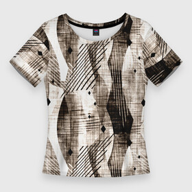 Женская футболка 3D Slim с принтом Абстрактный гранжевый коричнево бежевый ,  |  | abstract | black | brown | brown beige | fashiona | geometric | grunge | lines | mesh | shapes | striped | stripes | white | абстрактный | белый | геометрический | гранжевый | коричнево бежевый | коричневый | линии | модный | молодежный | полосатый