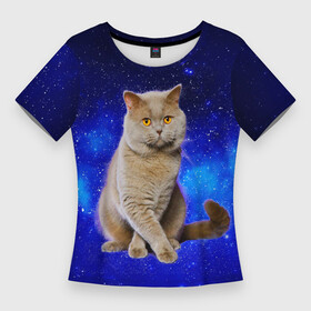 Женская футболка 3D Slim с принтом Британский кот на фоне звёздного неба ,  |  | british | cat | cats | kitty | британская | британские | британский | кот | котёнок | котик | котята | кошечка | кошка