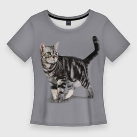 Женская футболка 3D Slim с принтом Британская мраморная кошечка ,  |  | british | cat | cats | kitty | британская | британская мраморная | британские | британский | кот | котёнок | котик | котята | кошечка | кошка | серый кот