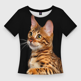 Женская футболка 3D Slim с принтом Бенгальский котёнок на чёрном фоне ,  |  | bengal | cat | cats | kitty | бенгал | бенгальская | бенгальская кошка | бенгальские | бенгальский | кот | котёнок | котята | кошка | леопард | леопардовая | леопардовый