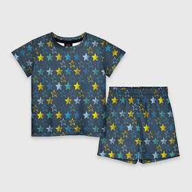 Детский костюм с шортами 3D с принтом Парад звезд на синем фоне ,  |  | star | звезда | звездный | звездочки | паттерн