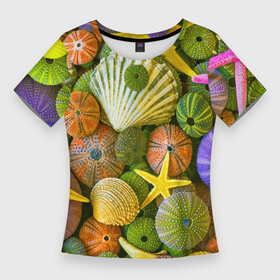 Женская футболка 3D Slim с принтом Композиция из морских звёзд и ракушек ,  |  | color | composition | shell | starfish | композиция | морская звезда | ракушка | цвет