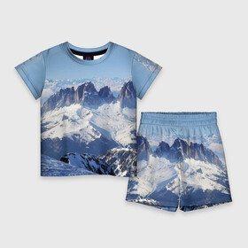 Детский костюм с шортами 3D с принтом Гряда снежных вершин ,  |  | glacier | mountains | nature | rocks | sky | snow | горы | ледник | небо | природа | скалы | снег
